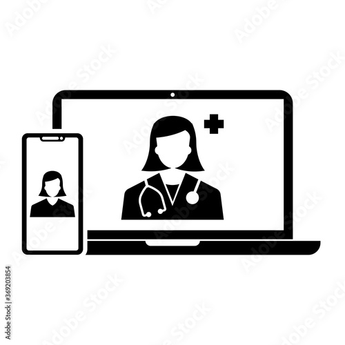 Telemedicine or telehealth virtual visit / video visit with female doctor and 
patient on laptop computer flat vector icon for healthcare apps and websites isolated on white background.