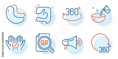 Medical tablet, Check article and Cooking water signs. Like, Cashew nut and 360 degrees line icons set. Full rotation, Megaphone symbols. Thumb up, Vegetarian food. Business set. Vector