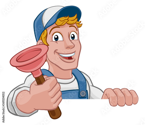 Plumber or handyman cartoon mascot holding a plumbing drain or toilet plunger. Peeking over a sign photo