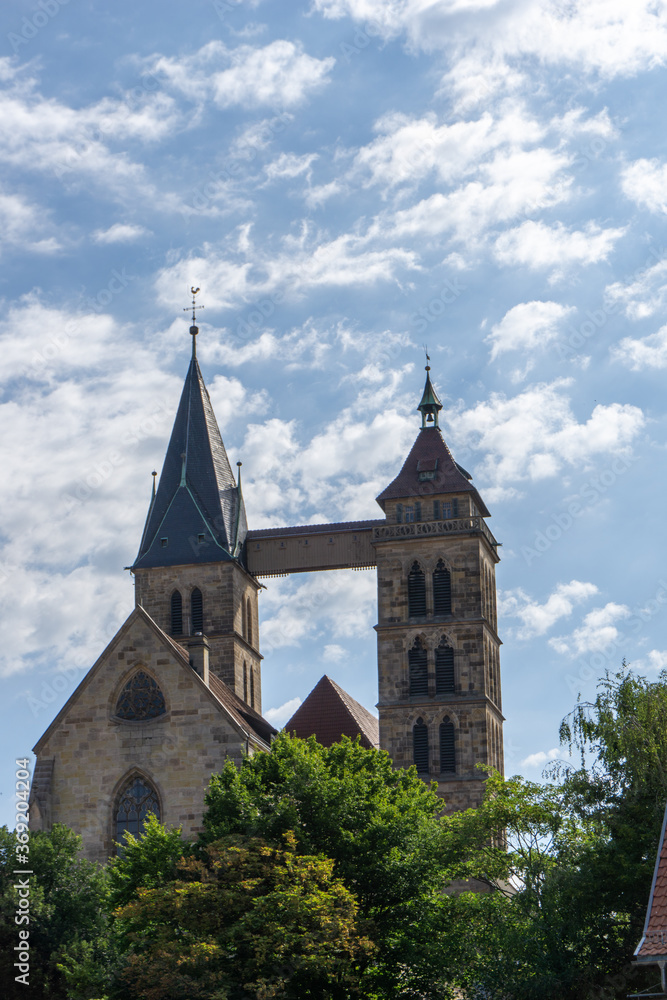 Fototapeta premium the wooden bridge connecting the two church steeples of St. Dionys church in Esslingen