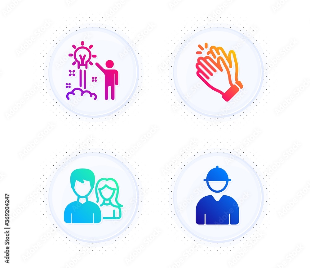 Creative idea, Teamwork and Clapping hands icons simple set. Button with halftone dots. Engineer sign. Startup, Man with woman, Clap. Worker profile. People set. Vector Creative idea, Teamwork and Clapping hands icons simple set. Button with halftone dots. Engineer sign. Startup, Man with woman, Clap. Worker profile. People set. Vector