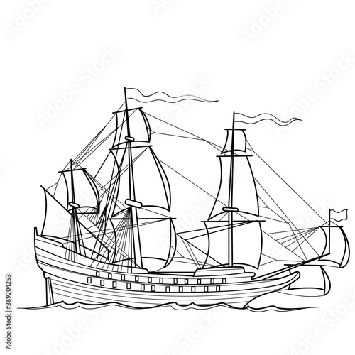 sketch of sailing vintage ship, coloring book, isolated object on white background, vector illustration,