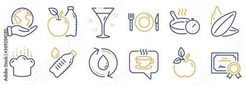 Set of Food and drink icons, such as Refill water, Eco food. Certificate, save planet. Water bottle, Food, Coffee. Frying pan, Cocktail, Cooking hat. Apple, Sunflower seed line icons. Vector
