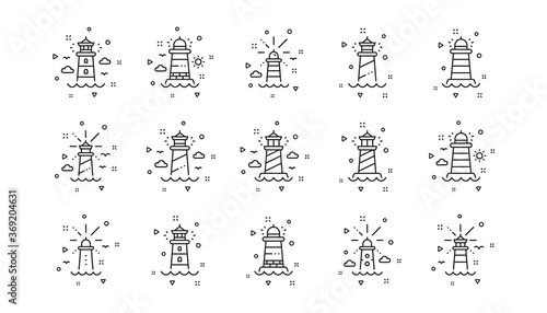 Searchlight tower with seagull for marine navigation of ships. Lighthouse line icons. Sea pharos, lighthouse or beacon icons. Linear set. Geometric elements. Quality signs set. Vector