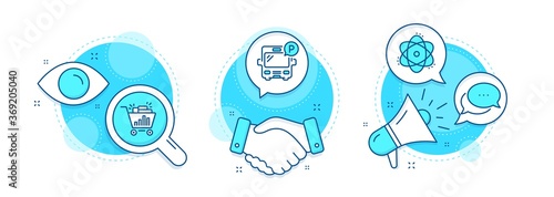 Dots message, Atom and Seo shopping line icons set. Handshake deal, research and promotion complex icons. Bus parking sign. Chat bubble, Electron, Analytics. Public park. Technology set. Vector
