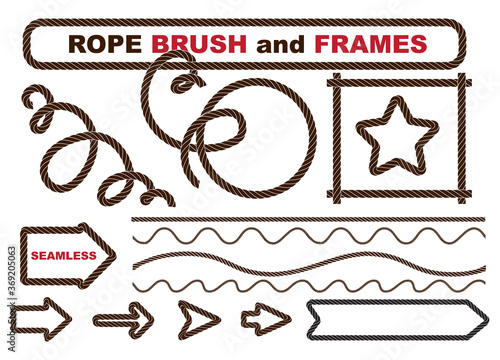 Set of Vector Rope Brush and Frames, Cordage Lines, Waves