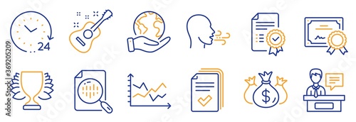 Set of Education icons, such as Check investment, Analytics chart. Certificate, save planet. Guitar, 24 hours, Breathing exercise. Exhibitors, Diagram chart, Winner. Vector