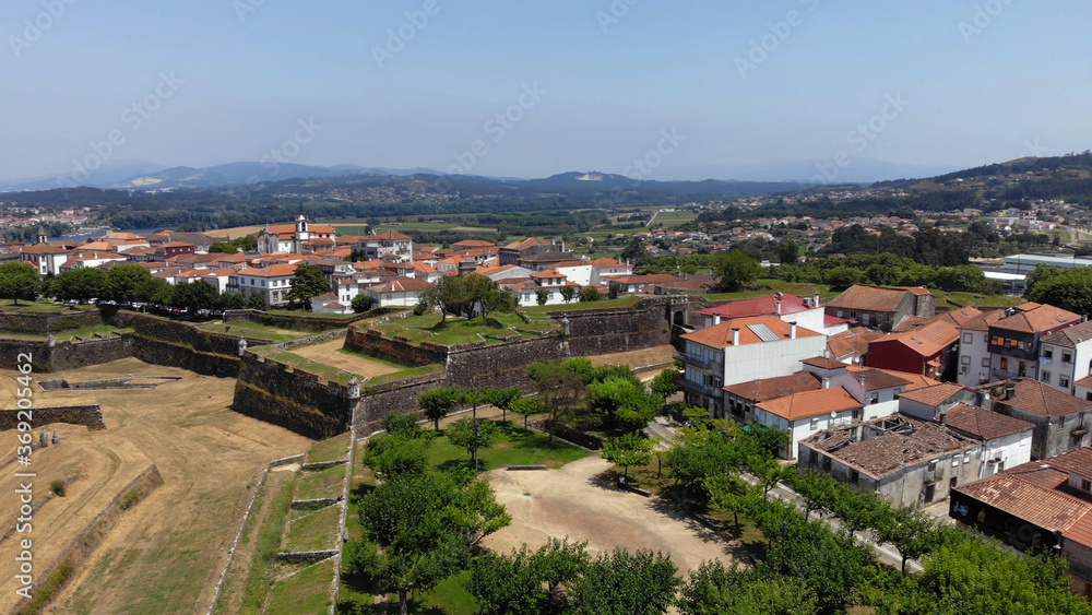 Aerial view of the fortress of Valenca do Minho in Portugal. Valença is a walled town located on the left bank of Minho River. The fortress is a piece of gothic and baroque military architecture.
