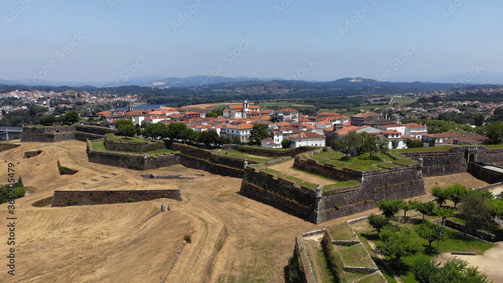 Aerial view of the fortress of Valenca do Minho in Portugal. Valença is a walled town located on the left bank of Minho River. The fortress is a piece of gothic and baroque military architecture.