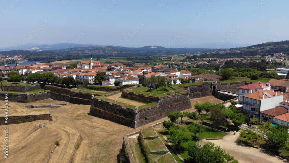 Aerial view of the fortress of Valenca do Minho in Portugal. Valença is a walled town located on the left bank of Minho River. The fortress is a piece of gothic and baroque military architecture.