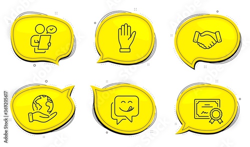 Employees handshake sign. Diploma certificate, save planet chat bubbles. Hand, Yummy smile and Customer survey line icons set. Waving palm, Emoticon, Contract. Deal hand. People set. Vector