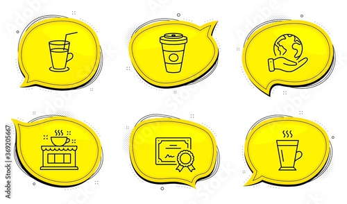 Latte sign. Diploma certificate, save planet chat bubbles. Cocktail, Takeaway coffee and Coffee shop line icons set. Fresh beverage, Hot latte drink, Tea house. Tea glass mug. Vector