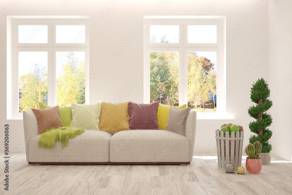 Stylish room in white color with sofa and autumn landscape in window. Scandinavian interior design. 3D illustration Stylish room in white color with sofa and autumn landscape in window. Scandinavian interior design. 3D illustration