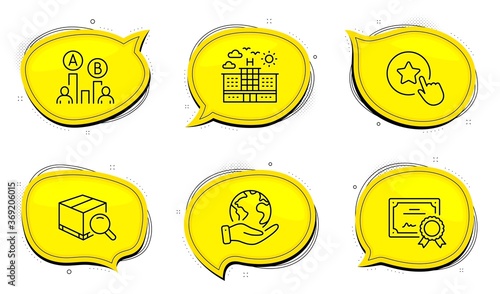 Ab testing sign. Diploma certificate, save planet chat bubbles. Search package, Hotel and Loyalty star line icons set. Tracking service, Travel, Bonus reward. Test chart. Business set. Vector