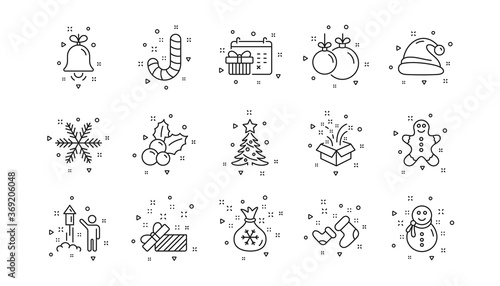 Santa hat, Snowflake and Gift box. Christmas line icons. New year linear icon set. Geometric elements. Quality signs set. Vector