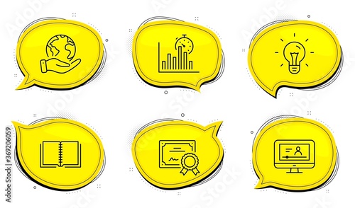 Online video sign. Diploma certificate, save planet chat bubbles. Report timer, Idea and Book line icons set. Growth chart, Light bulb, E-learning course. Video exam. Education set. Vector