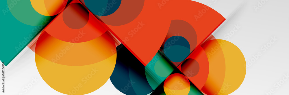 Bright color circles, abstract round shapes and triangles composition with shadow effects. Vector modern geometric design template Bright color circles, abstract round shapes and triangles composition with shadow effects. Vector modern geometric design template