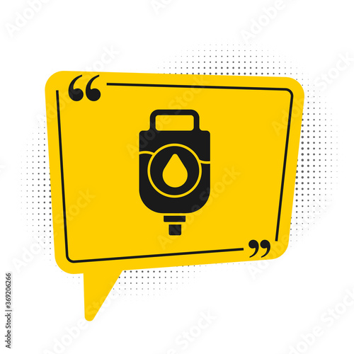 Black IV bag icon isolated on white background. Blood bag. Donate blood concept. The concept of treatment and therapy, chemotherapy. Yellow speech bubble symbol. Vector Illustration.