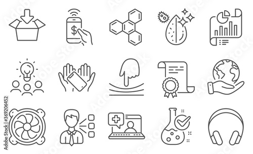 Set of Technology icons  such as Third party  Phone payment. Diploma  ideas  save planet. Report document  Get box  Headphones. Medical help  Elastic  Dirty water. Vector