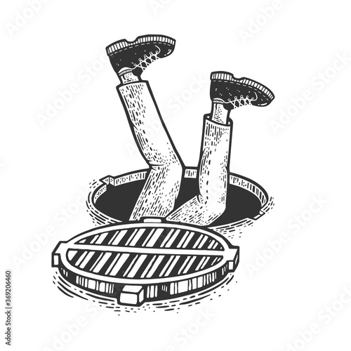 man falling into open manhole sketch engraving vector illustration. T-shirt apparel print design. Scratch board imitation. Black and white hand drawn image.