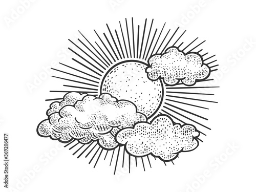 Sun and clouds in sky sketch engraving vector illustration. T-shirt apparel print design. Scratch board imitation. Black and white hand drawn image.