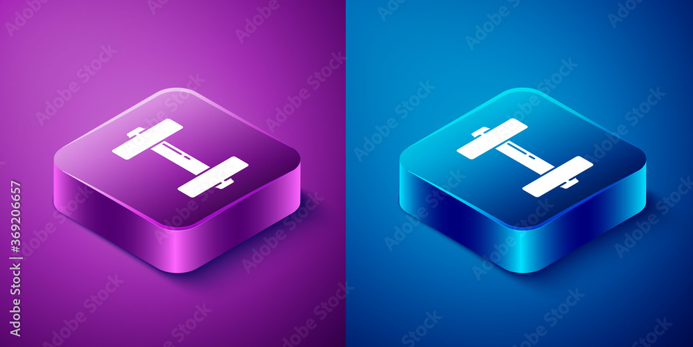 Isometric Dumbbell icon isolated on blue and purple background. Muscle lifting icon, fitness barbell, gym, sports equipment, exercise bumbbell. Square button. Vector Illustration. Isometric Dumbbell icon isolated on blue and purple background. Muscle lifting icon, fitness barbell, gym, sports equipment, exercise bumbbell. Square button. Vector Illustration.
