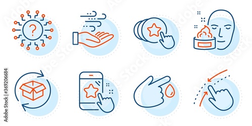 Return parcel, Wind energy and Hold heart signs. Blood donation, Face cream and Question mark line icons set. Star rating, Swipe up symbols. Injury, Gel. Business set. Outline icons set. Vector