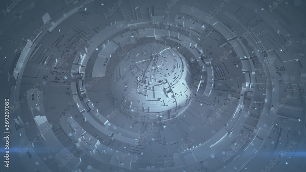 Rotating circle elements in fog 3D rendering illustration Rotating circle elements in fog 3D rendering illustration