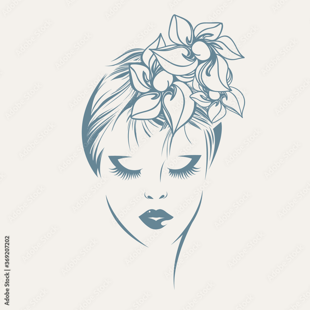 Woman with elegant hairstyle and makeup.Beautiful girl portrait with flowers in her hair.Hair salon and beauty studio vector illustration.Cosmetics and spa logo.Cute young lady face. Woman with elegant hairstyle and makeup.Beautiful girl portrait with flowers in her hair.Hair salon and beauty studio vector illustration.Cosmetics and spa logo.Cute young lady face.