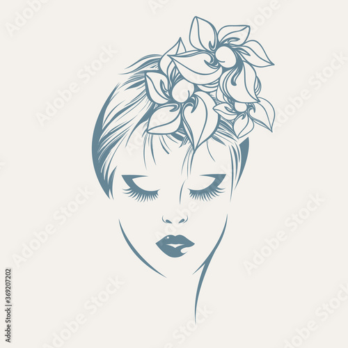 Woman with elegant hairstyle and makeup.Beautiful girl portrait with flowers in her hair.Hair salon and beauty studio vector illustration.Cosmetics and spa logo.Cute young lady face.