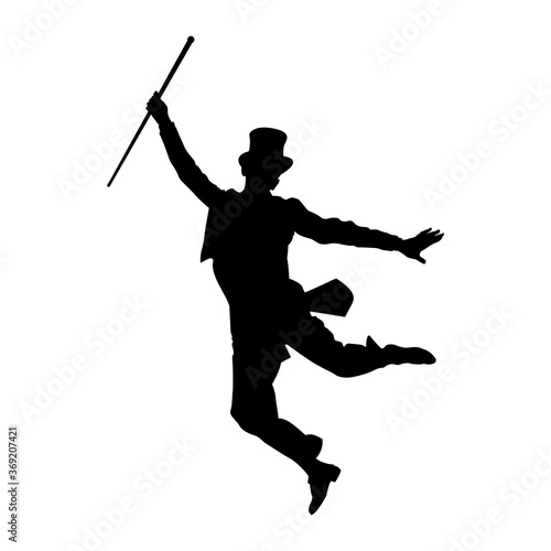 Silueta de bailarín de claqué retro con chistera y bastón en color negro