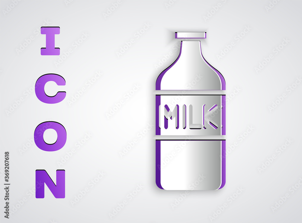 Paper cut Closed glass bottle with milk icon isolated on grey background. Paper art style. Vector Illustration. Paper cut Closed glass bottle with milk icon isolated on grey background. Paper art style. Vector Illustration.