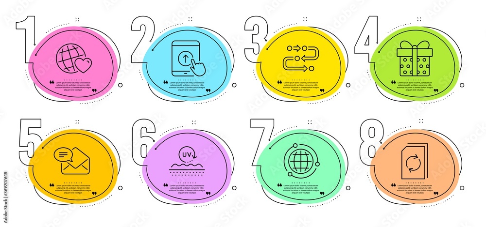 Friends world, Methodology and Globe signs. Timeline steps infographic. Uv protection, New mail and Update document line icons set. Swipe up, Gift box symbols. Skin cream, Received e-mail. Vector Friends world, Methodology and Globe signs. Timeline steps infographic. Uv protection, New mail and Update document line icons set. Swipe up, Gift box symbols. Skin cream, Received e-mail. Vector