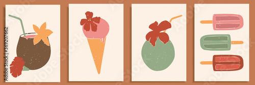 Abstract still life in pastel colors poster. Collection of contemporary art. Abstract elements, fruits, ice cream, nuts for social media, postcards, print. Hand drawn coconut coctail, ice cream.