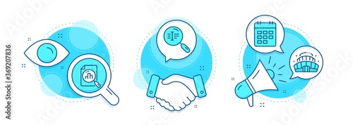 Analytics graph, Search text and Arena stadium line icons set. Handshake deal, research and promotion complex icons. Calendar sign. Chart report, Find word, Competition building. Vector