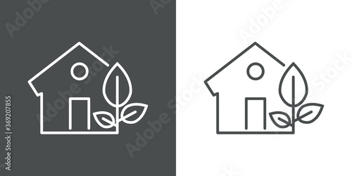 Concepto casa verde. Ecología. Icono plano lineal casa con hoja de árbol en fondo gris y fondo blanco