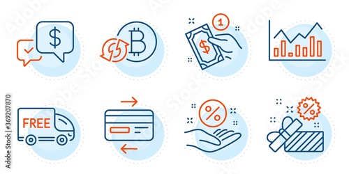 Credit card, Refresh bitcoin and Sale signs. Payment method, Loan percent and Infochart line icons set. Payment received, Free delivery symbols. Give money, Discount hand. Finance set. Vector