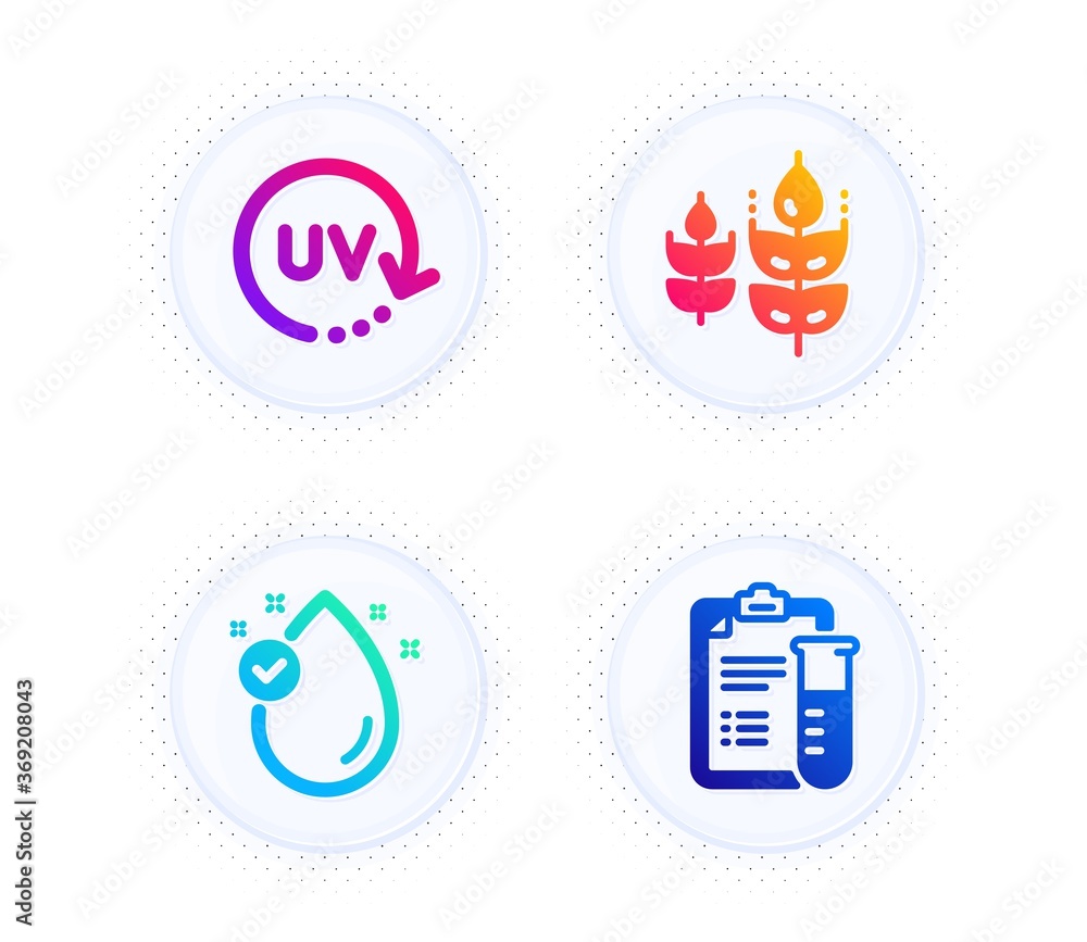 Gluten free, Vitamin e and Uv protection icons simple set. Button with halftone dots. Medical analyzes sign. Bio ingredients, Oil drop, Skin cream. Medicine results. Healthcare set. Vector