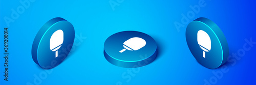 Isometric Racket for playing table tennis icon isolated on blue background. Blue circle button. Vector Illustration.