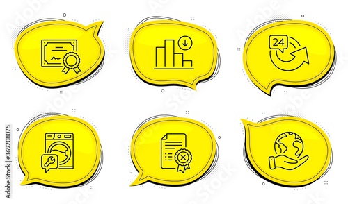Decreasing graph sign. Diploma certificate, save planet chat bubbles. 24 hours, Washing machine and Reject certificate line icons set. Repeat, Repair service, Decline file. Crisis chart. Vector