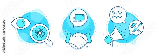 Hammer tool, Computer and Dot plot line icons set. Handshake deal, research and promotion complex icons. Fan engine sign. Repair screwdriver, Pc component, Presentation graph. Ventilator. Vector