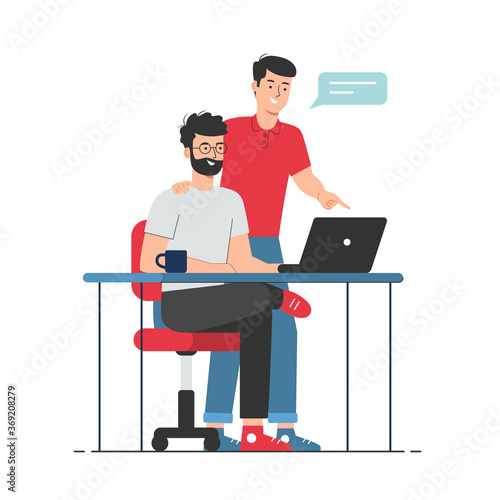 Office workers working on laptop. Company staff cooperation and partnership concept with co-worker in flat cartoon character illustration