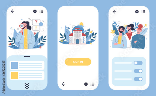 Multidisciplinary hospital concept, online healthcare clinic, first aid website concept. Medical staff and online app / website. Doctor prescribes recomendations to sick patient online 24 / 7.