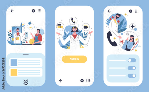 Multidisciplinary hospital concept, online healthcare clinic, first aid website concept. Patients evaluate doctors review and rating via mobile app. Doctor showing online clinic departments.