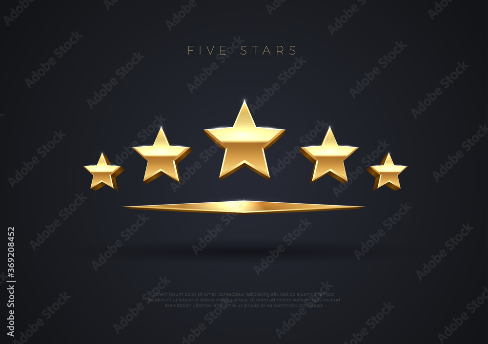 Five golden stars. Top quality concept illustration. Rating stars icon. 3d award stars. Vector. - obrazy, fototapety, plakaty 