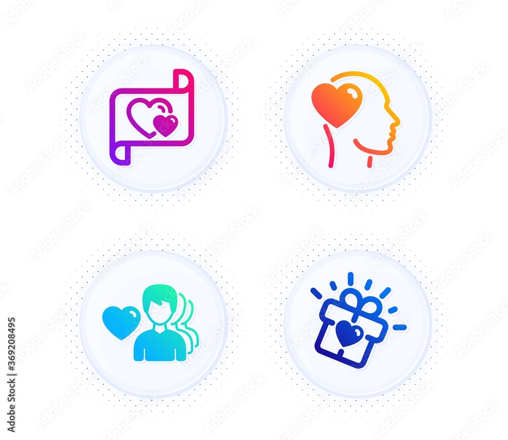 Man love, Friend and Love letter icons simple set. Button with halftone dots. Romantic people, Heart, Heart present. Love set. Gradient flat man love icon. Vector
