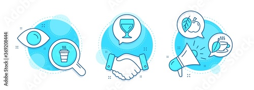Takeaway, Apple and Mint tea line icons set. Handshake deal, research and promotion complex icons. Wine glass sign. Takeout coffee, Fruit, Mentha beverage. Cabernet wineglass. Vector