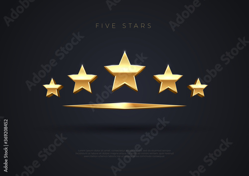 Five golden stars. Top quality concept illustration. Rating stars icon. 3d award stars. Vector. photo