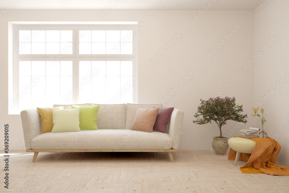 Fototapeta premium White living room with sofa. Scandinavian interior design. 3D illustration