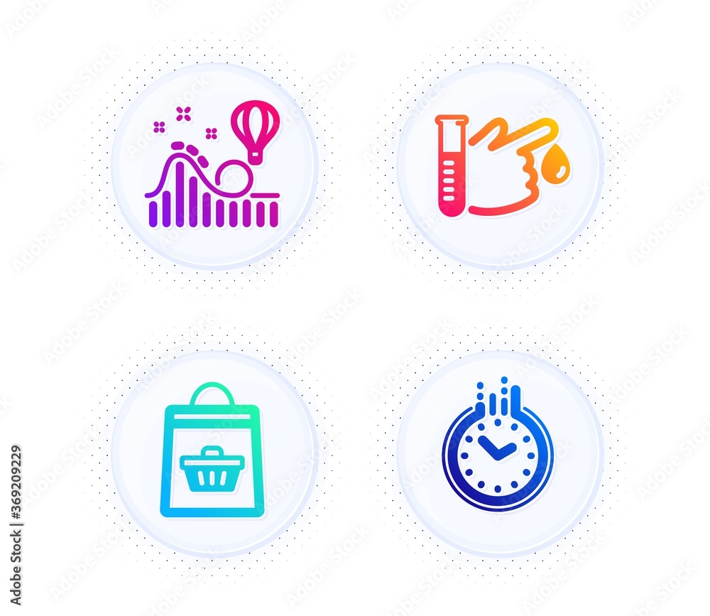 Blood donation, Online buying and Roller coaster icons simple set. Button with halftone dots. Time sign. Medicine analyze, Shopping cart, Attraction park. Clock. Business set. Vector